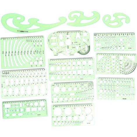 13 gabarits de dessin géométrique, échelles d'architecte, règles de mesure à faire soi-même-32X9X0.3 CM-Green