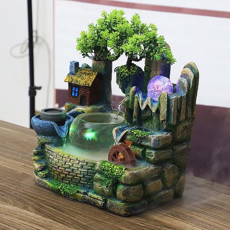 Fontaine d'intérieur avec éclairage LED - Fontaine de table avec brouillard - Résine pour aquarium de jardin - Fontaine de bureau - Plante verte (1/5)