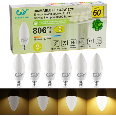 Ampoule Dimmable E14 LED Classe C, Blanc Chaud 3000K, 4.9W 806LM Equivalent 60W, LED C37 360 Degrés, 220-240V, Luminosité Réglable, Lot de 6 (1/5)
