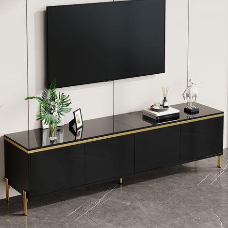 REDOM Meuble TV 170x38x50 cm, 4 portes avec passe câbles, surface partiellement brillante, en panneau de particules noir (1/5)
