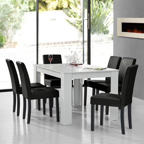 [En.Casa] – Ensemble table à manger blanc mat 140 x 90 cm avec 6 chaises noires – Matériau plaqué blanc semi-brillant – Chaises en simili-cuir sur bois massif (1/5)