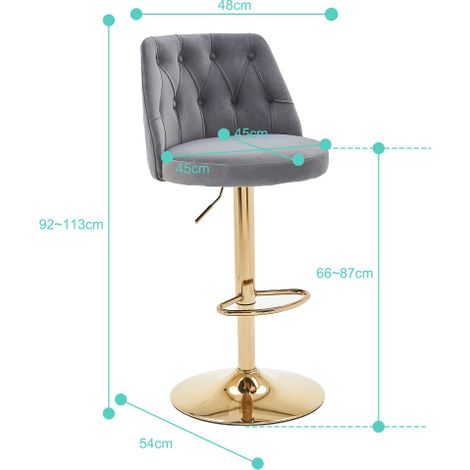 Tabouret de bar moderne en velours, hauteur réglable, pivotant, capitonné, avec dossier et repose-pieds, pour cuisine, bar à domicile et plan de travail (Gris, lot de 2) (1/5)