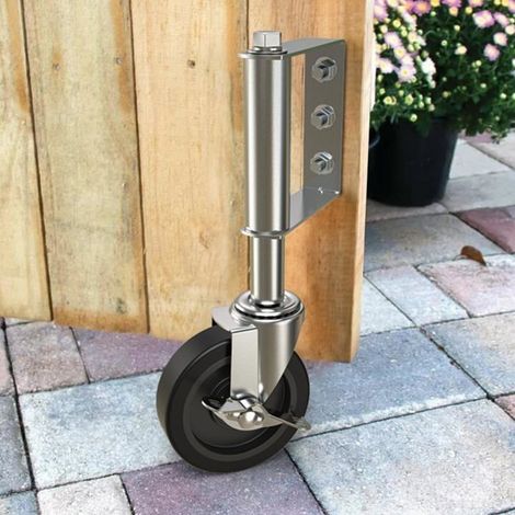 Roue pivotante robuste de 100 mm pour portail, capacité de 100 kg, à ressort, argentée, idéale pour le bois et les clôtures. (1/5)