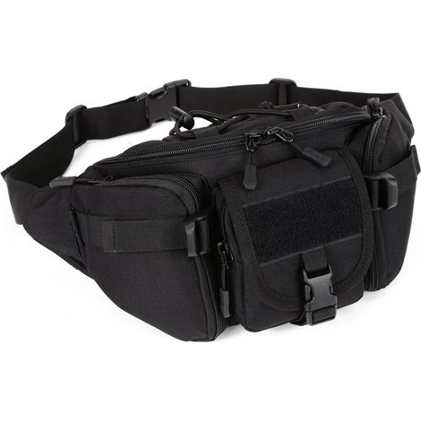 Sac banane tactique, sac banane de sport, déperlant, avec fermeture éclair, pour les activités de plein air, la course à pied, les voyages, la randonnée, le cyclisme, le camping, noir. (1/5)