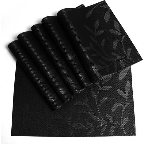 Sets de table lavables, antidérapants, résistants à l'usure et à la chaleur, faciles à nettoyer, à motif floral, lot de 6, noirs (1/5)