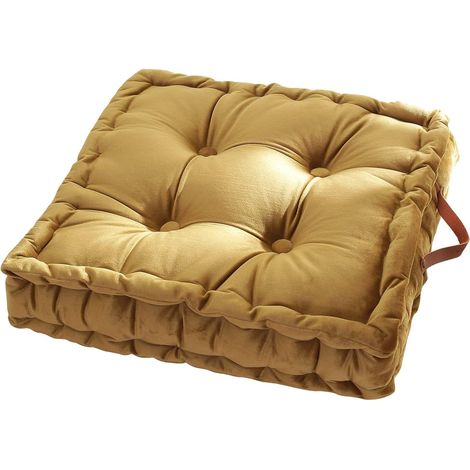 Coussin de siège carré en velours uni avec poignée, capitonné, épais, style tatami, 42 x 42 x 10 cm, jaune moutarde (1/5)