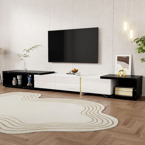 Mueble TV 140-260x40x30 cm blanco y negro efecto mármol en MDF y tablero de partículas con giro y almacenaje (1/5)
