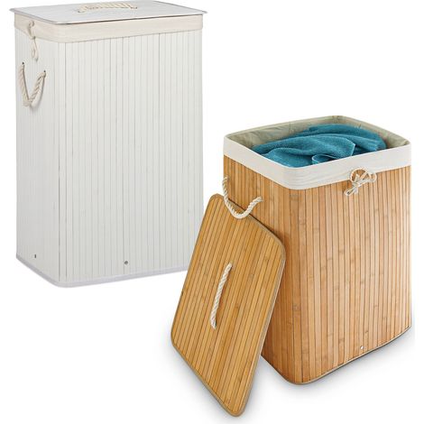 Relaxdays 2x Laundry Basket Set, Bamboo Clothes Separator System, Hamper & Removable Linen Bag, 83L each, Natural/White (1/5)