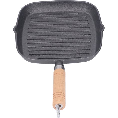 Poêle à griller multifonction antiadhésive carrée en fonte avec manche en bois pour bacon, steak et oignons
