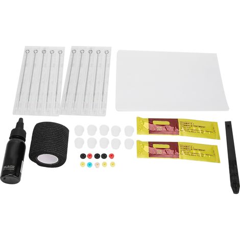 Kit de tatouage complet : aiguille, encre, gobelet, stylo de tatouage, agent réparateur, peau d'entraînement, bandage et outils. (1/5)