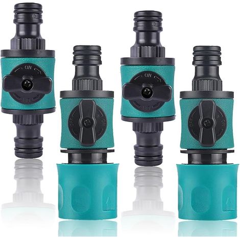 Lot de 4 raccords de tuyau d'arrosage avec valve de régulation - Raccord rapide de tuyau d'eau de 16 mm - Avec valve de régulation à 2 voies pour tuyau d'eau 1/2" (1/5)