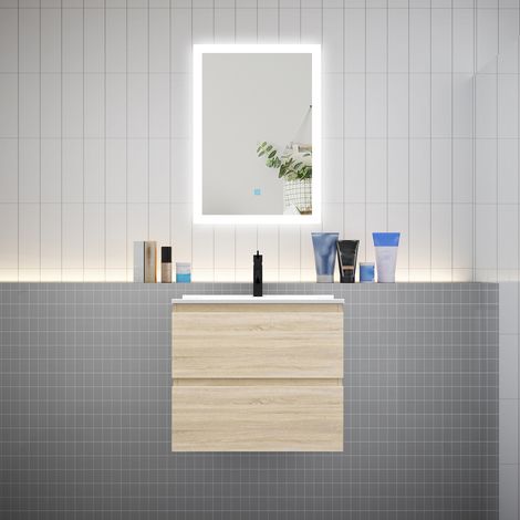 AICA Ensemble meuble vasque L.60cm chêne 2 tiroirs + led miroir + lavabo (1/5)