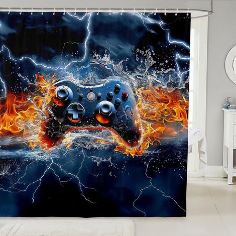 Jeux Rideau Douche Garçon Adolescent Jeux Vidéo Rideau de Douche Imperméable Au Feu Rideaux Ignifuges Cool Jeux Rideau Salle de Bain Décor Filles Enfants Adolescents 3D Poignée de Jeu Rideaux,180x200 (1/5)