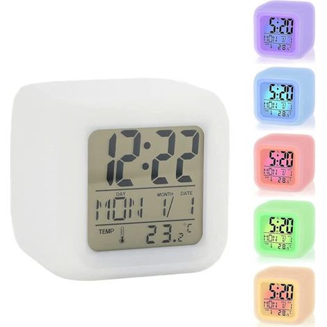 Réveil LED de table de chevet, affichage 7 couleurs, horloge numérique, réveil enfant avec fonction snooze, veilleuse, affichage de la température, de l'heure et de la date (1/5)