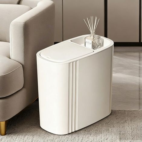 Poubelle de salle de bain avec couvercle, petite poubelle étroite en plastique à poussoir, adaptée aux pièces, chambres, cuisines, toilettes et bureaux (blanc) (1/5)