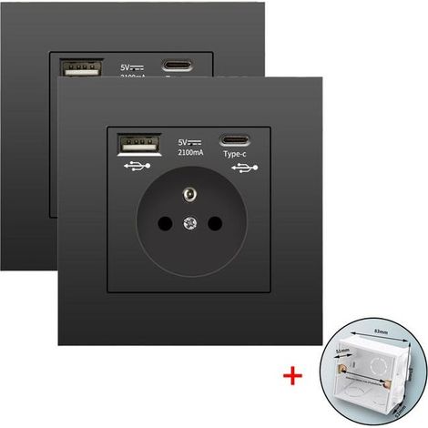 Lot de 2 prises murales avec USB et Type-C, 110-250 V, 5 V 2,1 A, prise USB encastrée, multiprise avec boîtier de montage(noir) (1/5)