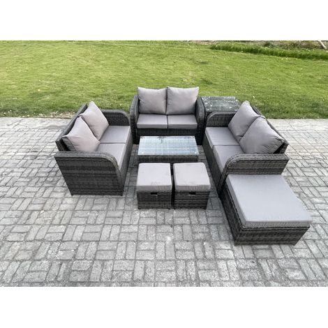 Fimous Ensemble de meubles de jardin en polyrotin 9 places avec Table basse rectangulaire Canapé d'amour 3 Tabourets Table d'appoint Gris foncé mixte (1/5)