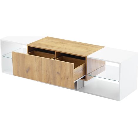 Mobile TV moderno 160 cm bianco e legno con 2 cassetti e LED per TV fino a 70 (1/5)