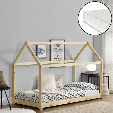 Lit Cabane Forme Maison Netstal avec Matelas Mousse à Froid 200 x 90 cm Naturel [en.casa] (1/5)