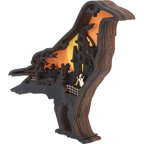 Ornement en bois sculpté avec lumière, sculpture animale 3D en bois avec lumières pour décorations d'Halloween, corbeau (1/5)