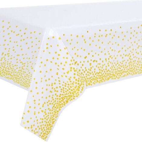 2PCS Nappe de Table de Fête Blanc et Or Jetable pour Table Rectangulaire, Couverture de Table Confettis Dorés, pour Douche Nuptiale, Fiançailles, Mariage, 137 cm x 274 cm (1/5)