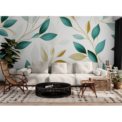 Papier Peint Feuillage - Feuilles Élégantes Dorées et Turquoises - 500 x 270 cm (1/2)