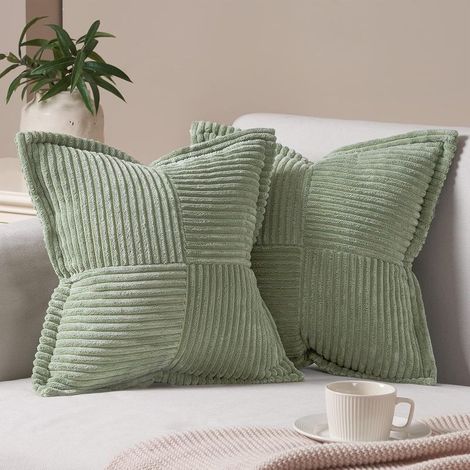 Housse de Coussin 40 x 40 Vert Sauge Double Face à Motif Croisé en Velours Côtelé Moelleux Housses Coussin Canape Decoratif pour Chambre d'Enfant Salon de Jardin Lot de 2 (1/4)