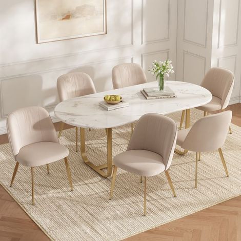 Chaises de salle à manger - Lot de 6 - Velours beige - Pieds métal doré - Charge 150 kg