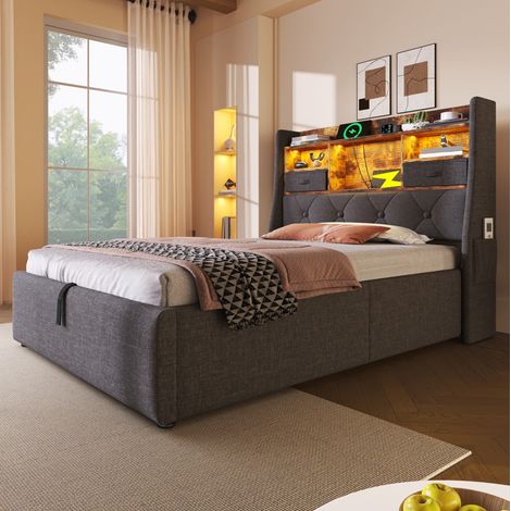 CHICFURN Cama con canapé 90x200 cm gris de lino con LED, USB-C y colchón incluido (1/5)