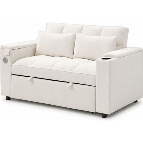 Divano letto 3 in 1 estensibile beige in tessuto con schienale reclinabile, USB e Type-C, 2 posti (1/5)