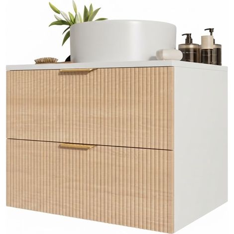 ELVMI Meuble Sous Vasque Suspendu avec 2 Tiroirs et Vasque Ronde en Céramique pour Salle de Bain en MDF Bois Naturel 60 cm (1/5)