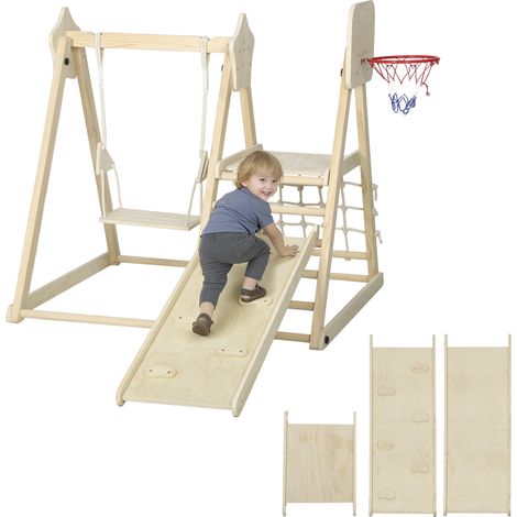 Structure 5 en 1 pour enfant avec toboggan, balançoire, basket, planche et filet naturel, jeu extérieur design sobre pour jardin pratique et complet