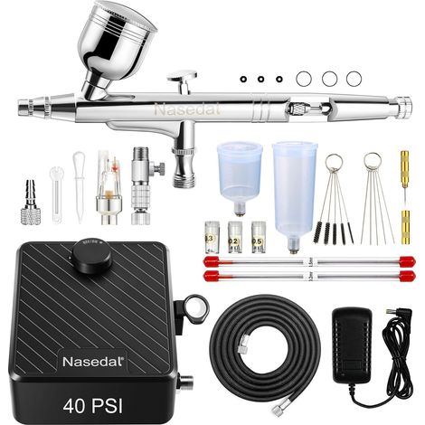 Aerographe Kit Complet avec 40PSI Compresseur d'air auto-stop, Double Action Modeling Paint Gun, Buses 0,2/0,3/0,5 mm,pour Nail, Peinture, Aérographe Modelisme, Tatouage, Maquillage, Gâteaux (1/5)