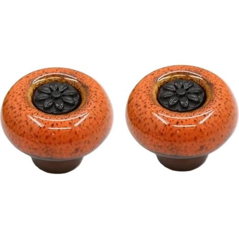 Lot de 2 Boutons Céramique Vintage Ronds, Noir-Orange, pour Armoires et Tiroirs