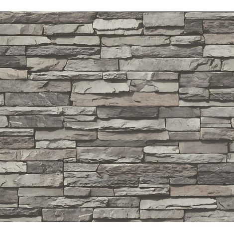 Empapelado aspecto piedra azulejos Profhome 958331 papel pintado no tejido liso con dibujo naturaleza mate gris blanco-crema negro 5,33 m2