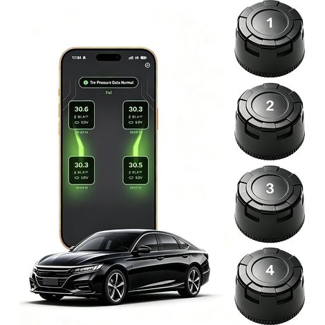 Système de contrôle de pression des pneus TPMS pour voiture, pression des pneus avec application, étanche, alarme en temps réel, 4 valves de capteur de pression des pneus TPMS (1/5)