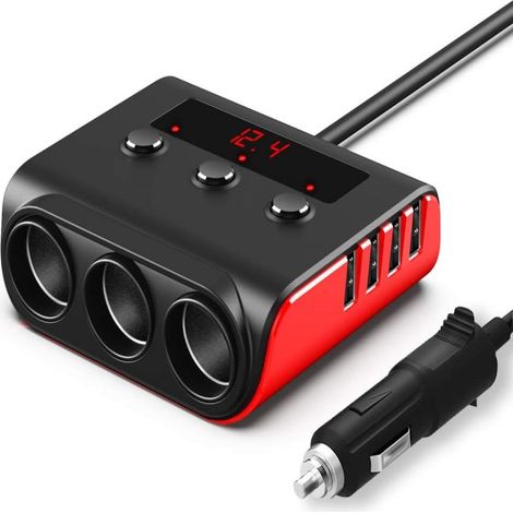 Cargador USB para coche, adaptador de encendedor de cigarrillos de carga rápida, 12V/24V, 3.6A, 120W, 4 puertos USB, divisor de 3 tomas con monitor de voltaje, 3 interruptores independientes, fusible 