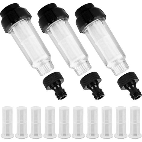 3 Pack Water Filter Hose Water Filter 3/4" Water Pre-Filter with 10 Filter Inserts and 3 Quick Adapters for Pressure Washer Garden Pump Garden Irrigation Camping (1/5)