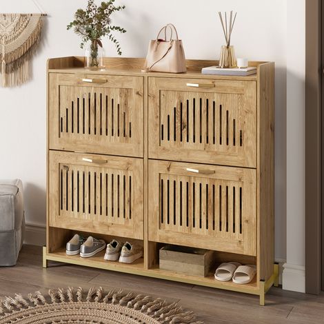 Scarpiera salvaspazio per ingresso/corridoio, MDF color legno, 108,5x24x100 cm - 4 ante a doghe (1/5)