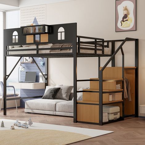 Lit Mezzanine 140x200 cm en Métal avec Échelle de Rangement et Étagère Intégrée, Gain de Place pour Chambre Ado Adulte, Noir (1/5)
