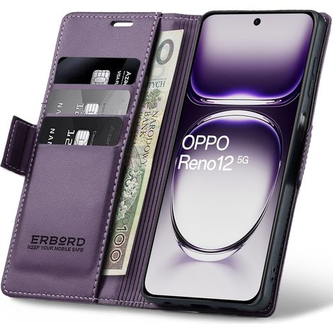 Étui pour Oppo Reno 12, étui portefeuille à rabat brillant Litchi, violet (1/5)