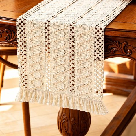 Chemin de Table Bohème 30 × 140 cm, Chemin de Table Coton Lin Beige Écru, Macramé Tissé à la Main avec Franges, Style Champêtre pour Table à Manger et Décoration Bohème (1/5)