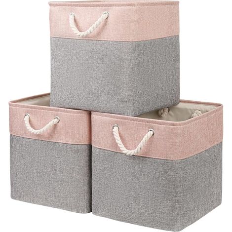 Boîte de rangement (25x25x25cm), panier de rangement en tissu, boîte en cube pour armoire, étagère et vêtements (Gris/Rose) (1/3)