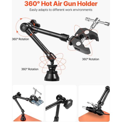 Poste soudure mains aimantées, outil 3e main 4 bras flexibles, 6 supports colonnes PCB et support pistolet air chaud 360°, base robuste pour réparation électronique bricolage (1/5)