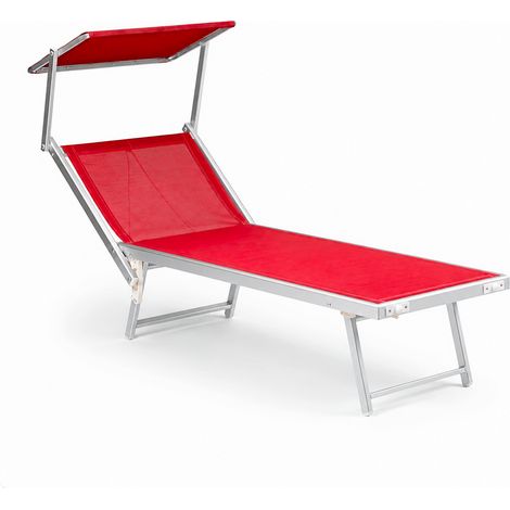 Lettino Prendisole Pieghevole Professionale Alluminio Textilene Tettuccio Parasole Mare Piscina Spiaggia Giardino 182 x 60 x 38 Cm Rosso