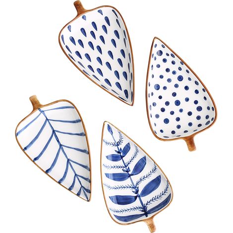 Juego de 4 cuencos de cerámica para salsas/condimentos con diseño de hojas, perfectos para aperitivos, uso en la cocina y comidas al aire libre. (1/5)