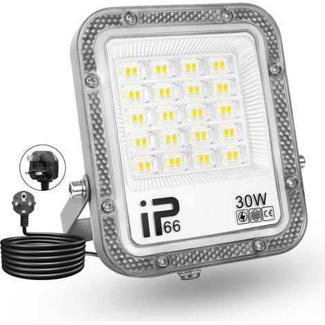 Lumière LED Extérieur 30W, 3000LM, Blanc Froid 6500K, Projecteur LED Sécurité IP65 Étanche, Lumière de Travail LED pour Porte d'Entrée, Entrepôt, Parking, Cour, Rue avec Prise (1 Pièce) (1/5)