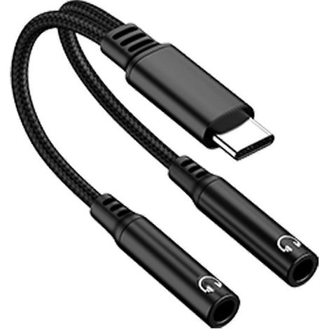 Câble audio USB-C vers double prise femelle 3,5 mm, câble d'extension adaptateur Type-C vers double prise 3,5 mm, adapté aux accessoires de home cinéma, noir. (1/5)