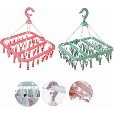 Etendoir Chaussette, 2PCS Étendoir à Linge à Suspendre Clips Séchoir Portable Étendoir Plastique avec 32 Clips pour Chaussettes sous-vêtements Vêtements Serviettes(Rose,Vert)