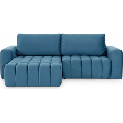 Canapé d’angle velours capitonné BOZEN – Convertible et rangement-Bleu canard-angle gauche (1/5)